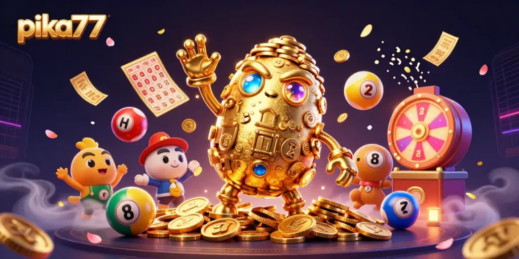 Pika77's thrilling gaming experience illustrated with vibrant elements, jackpots, and spinning prizes.