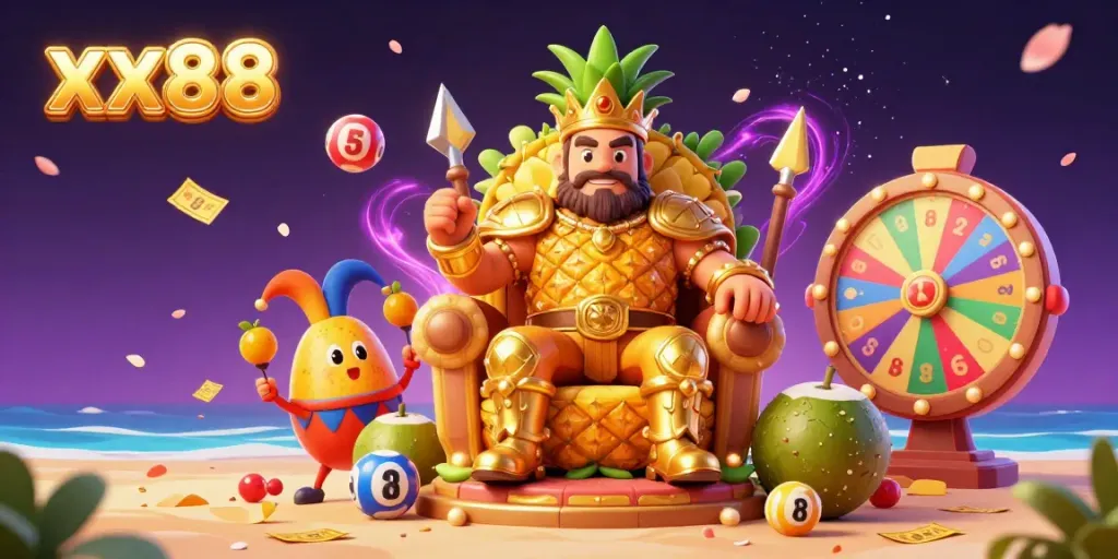 Engaging illustration of the golden pineapple king at the xx88 beach casino, showcasing vibrant elements and festive atmosphere.