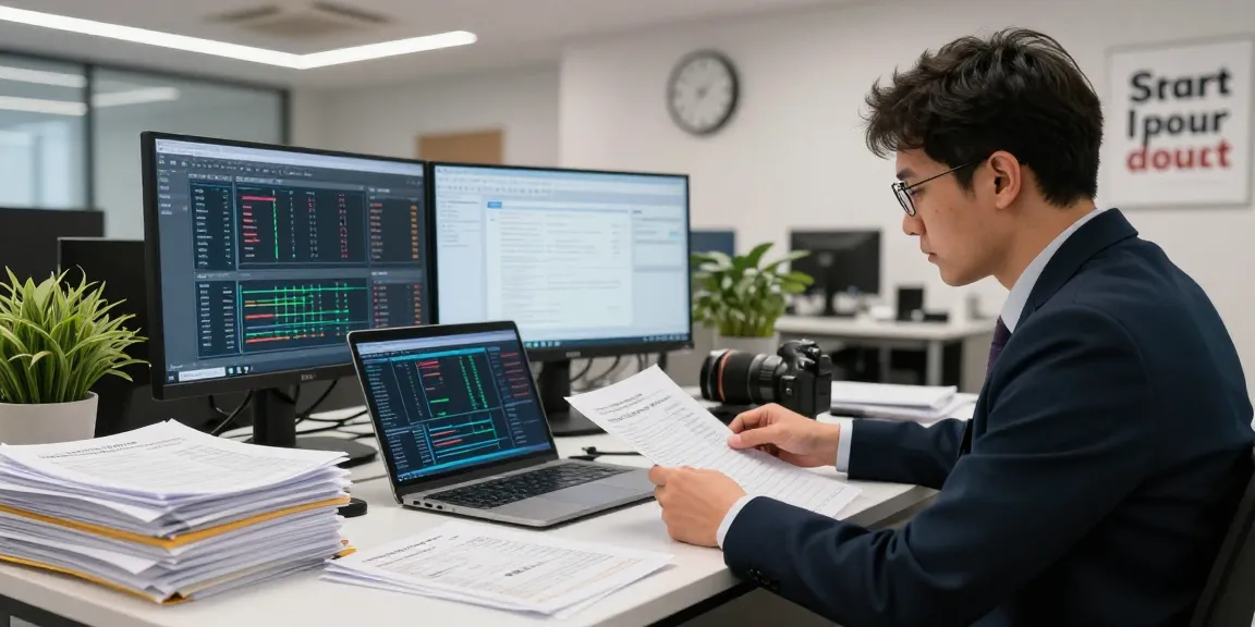 Analyzing financial documents for asset tracing in a modern office.