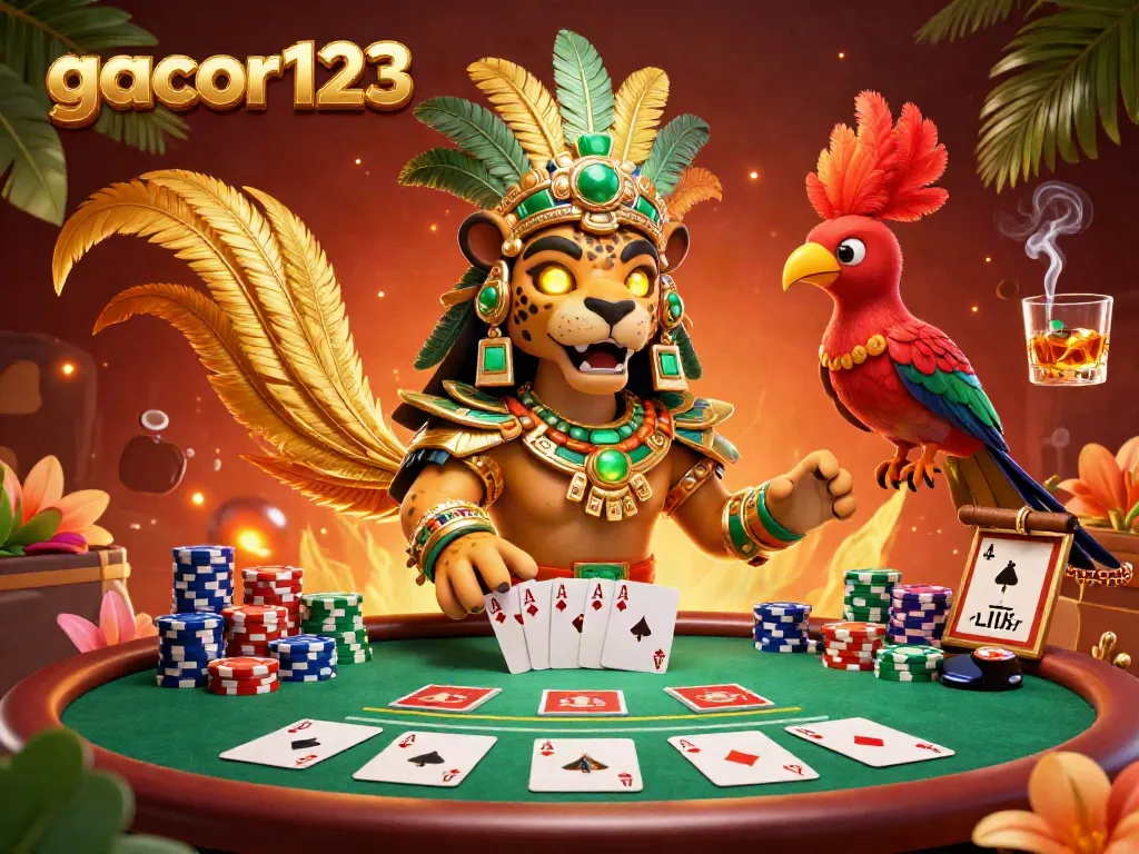 Experience thrilling poker action at gacor123 with vibrant gaming elements and Mayan flair.