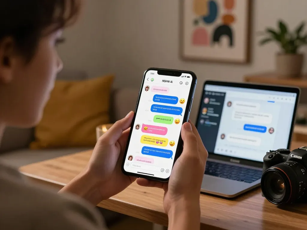 Engaging NSFW AI chat scene showcasing playful conversation on smartphone, cozy home setting.
