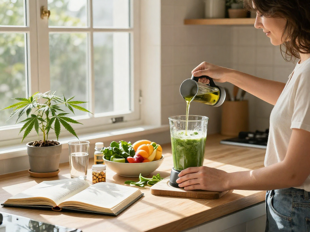 Buy edibles online for natural wellness, featuring CBD oil and fresh ingredients in a bright kitchen.
