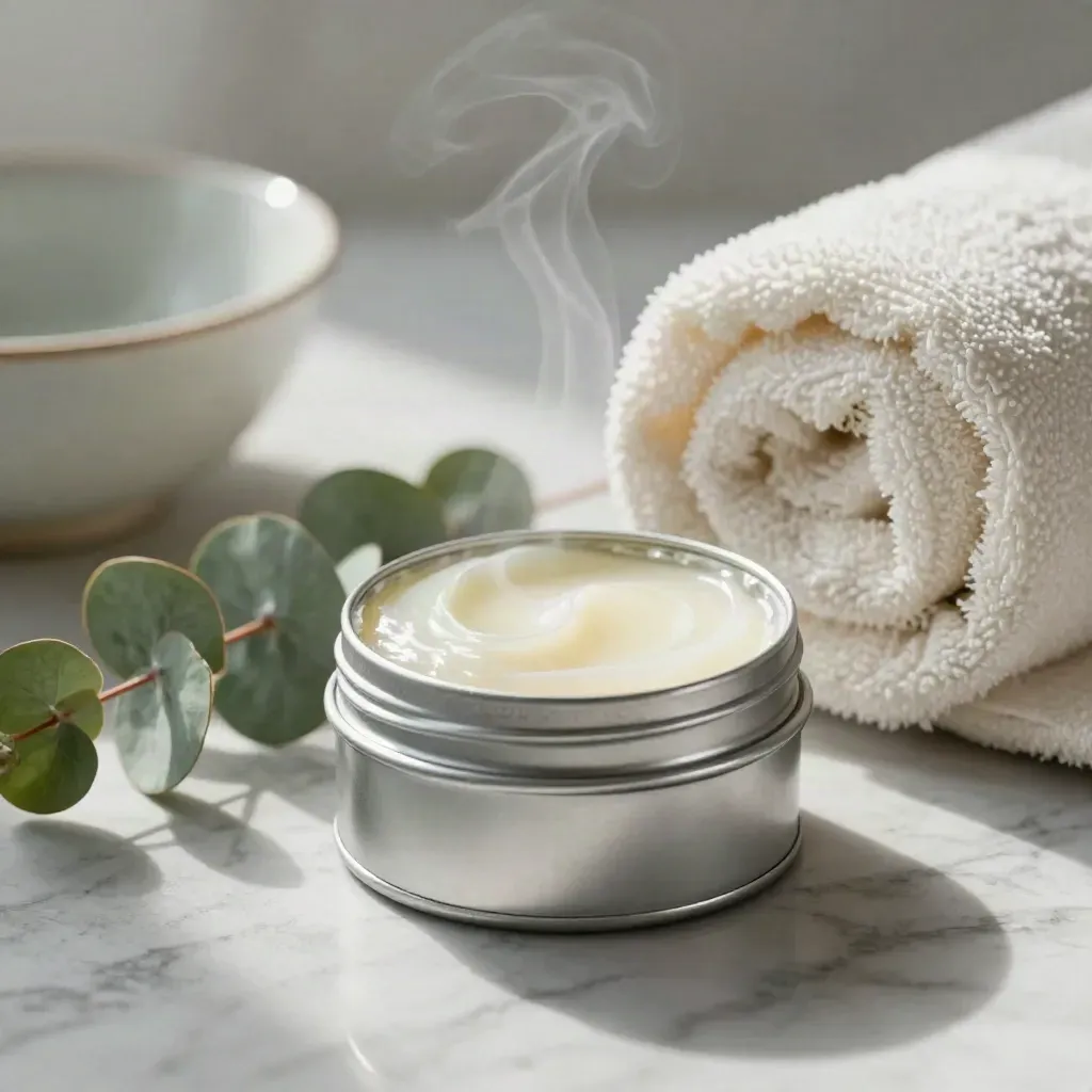 Half-open menthol balm tin with eucalyptus, towel and ceramic bowl on marble