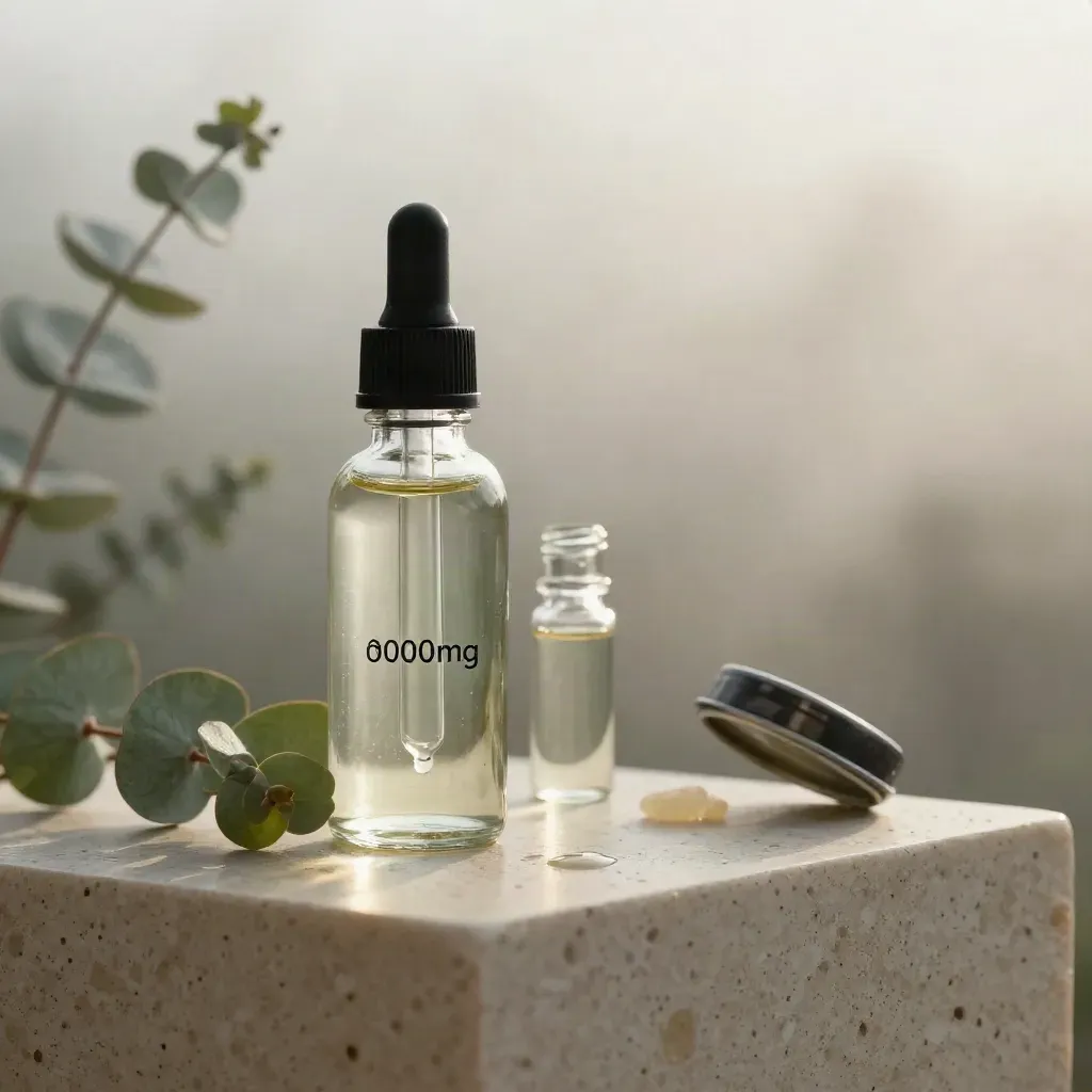 Peppermint CBD oil bottle with dropper, gummy tin, and eucalyptus on travertine in dawn mist