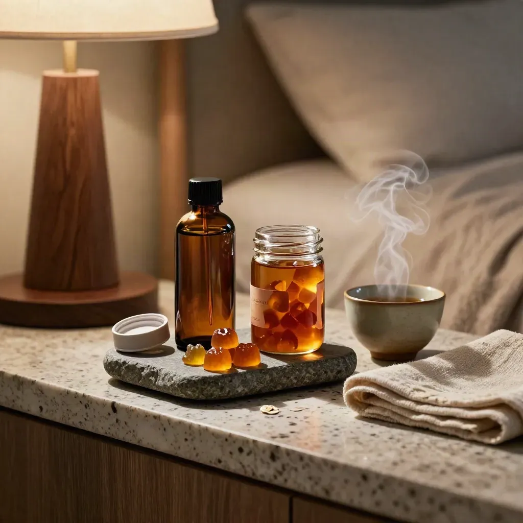 Unbranded CBD sleep bundle with oil, gummies, tea steam and linen on a stone bedside tray.