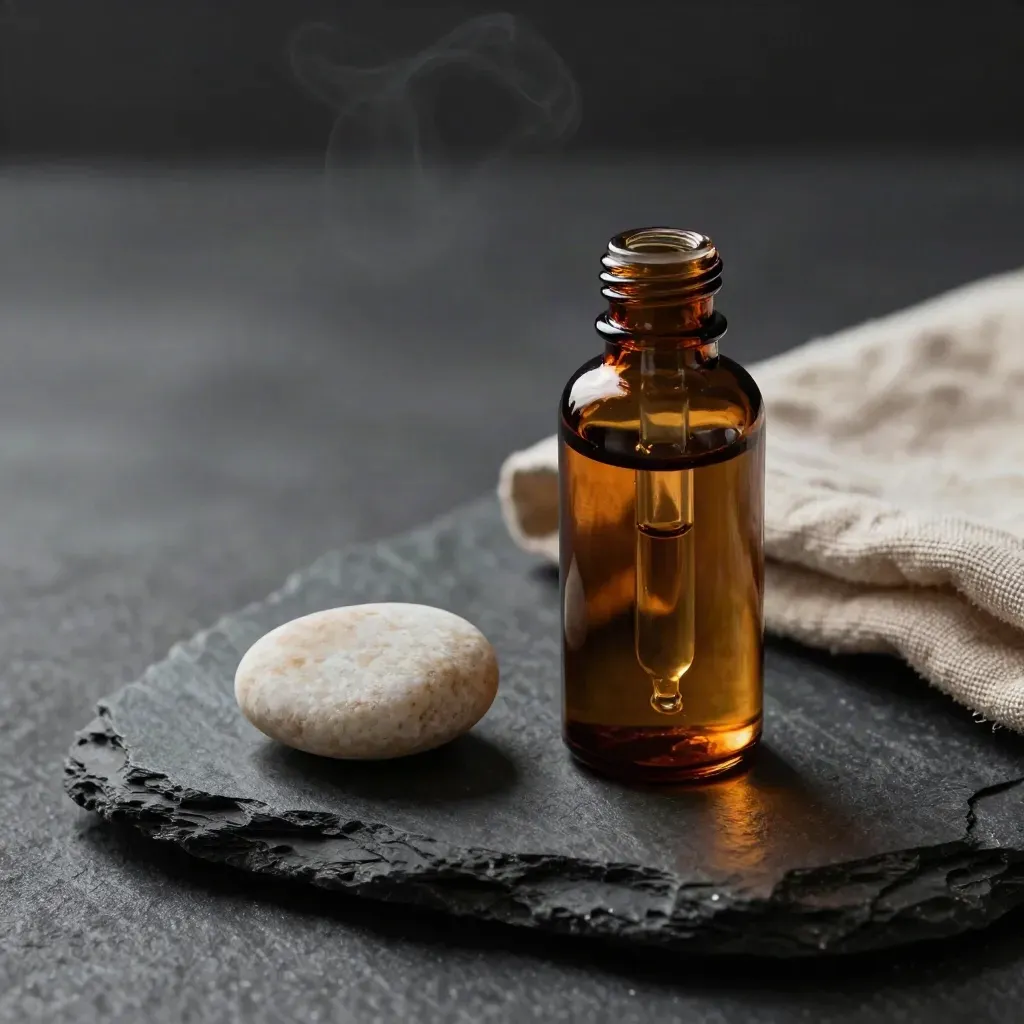 Amber tincture bottle with open dropper, pebble and linen on basalt, rim-lit in soft haze