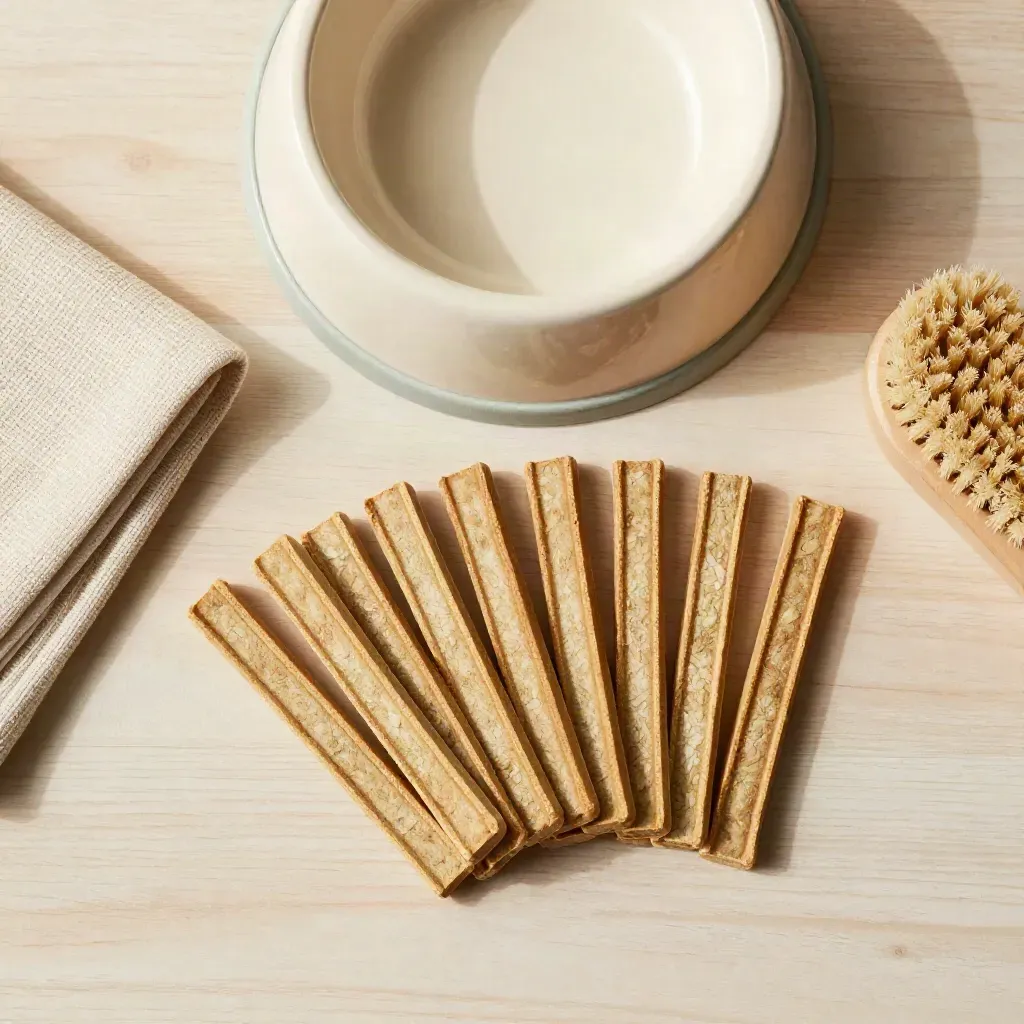 Overhead flatlay of pet calm chews with bowl, cloth, and brush on pale wood.