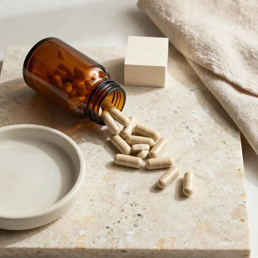 Top-down flatlay of amber sleep capsules, ceramic dish, and folded linen on pale travertine.