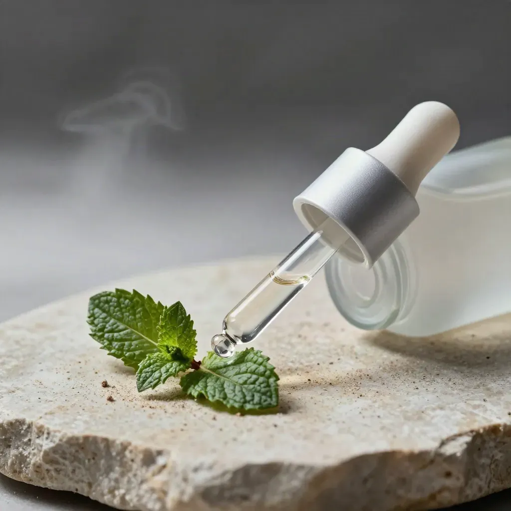 Frosted mint tincture bottle on pale stone with a mint leaf and mist