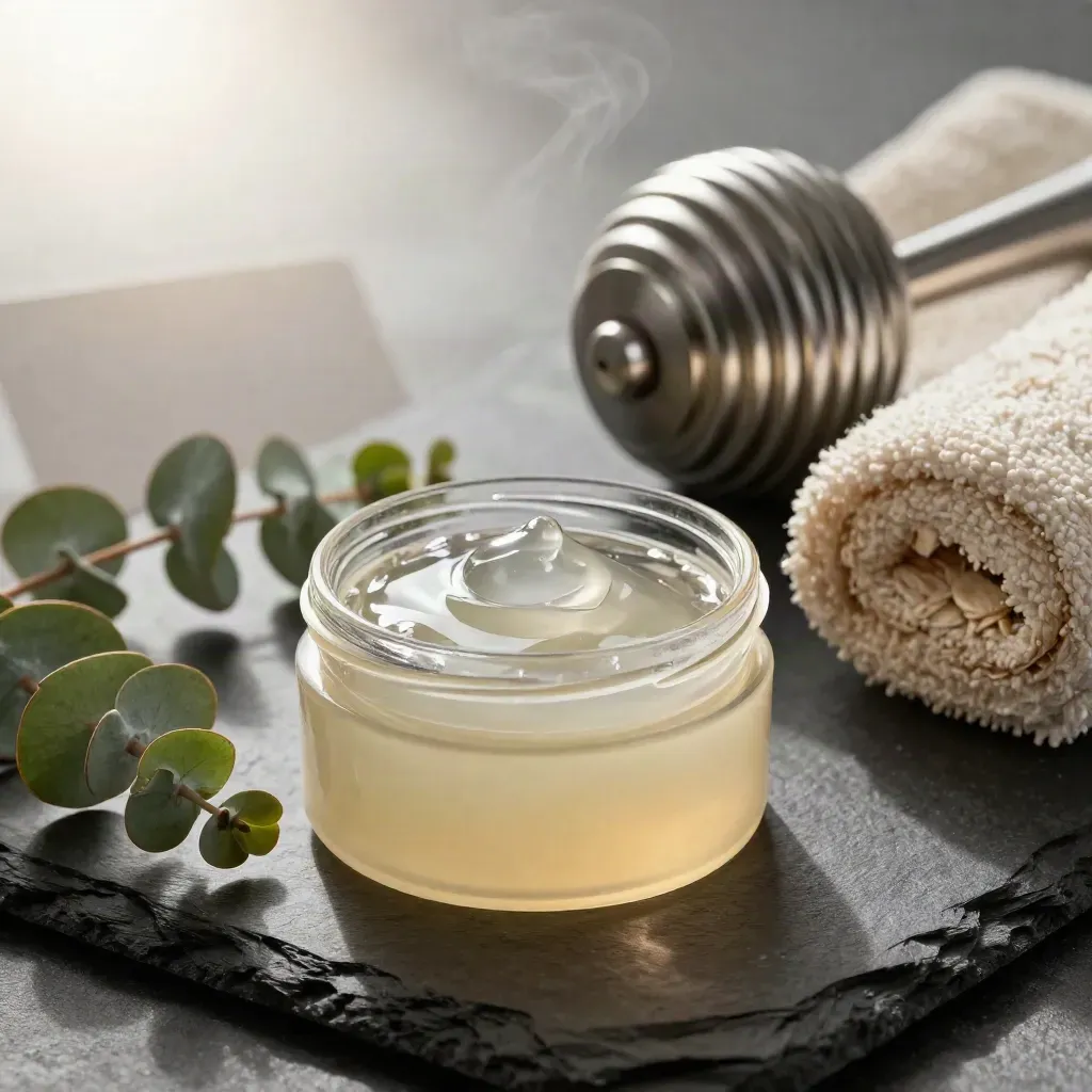 Open cooling gel jar with towel, massage ball, eucalyptus sprig on slate, softly steaming.