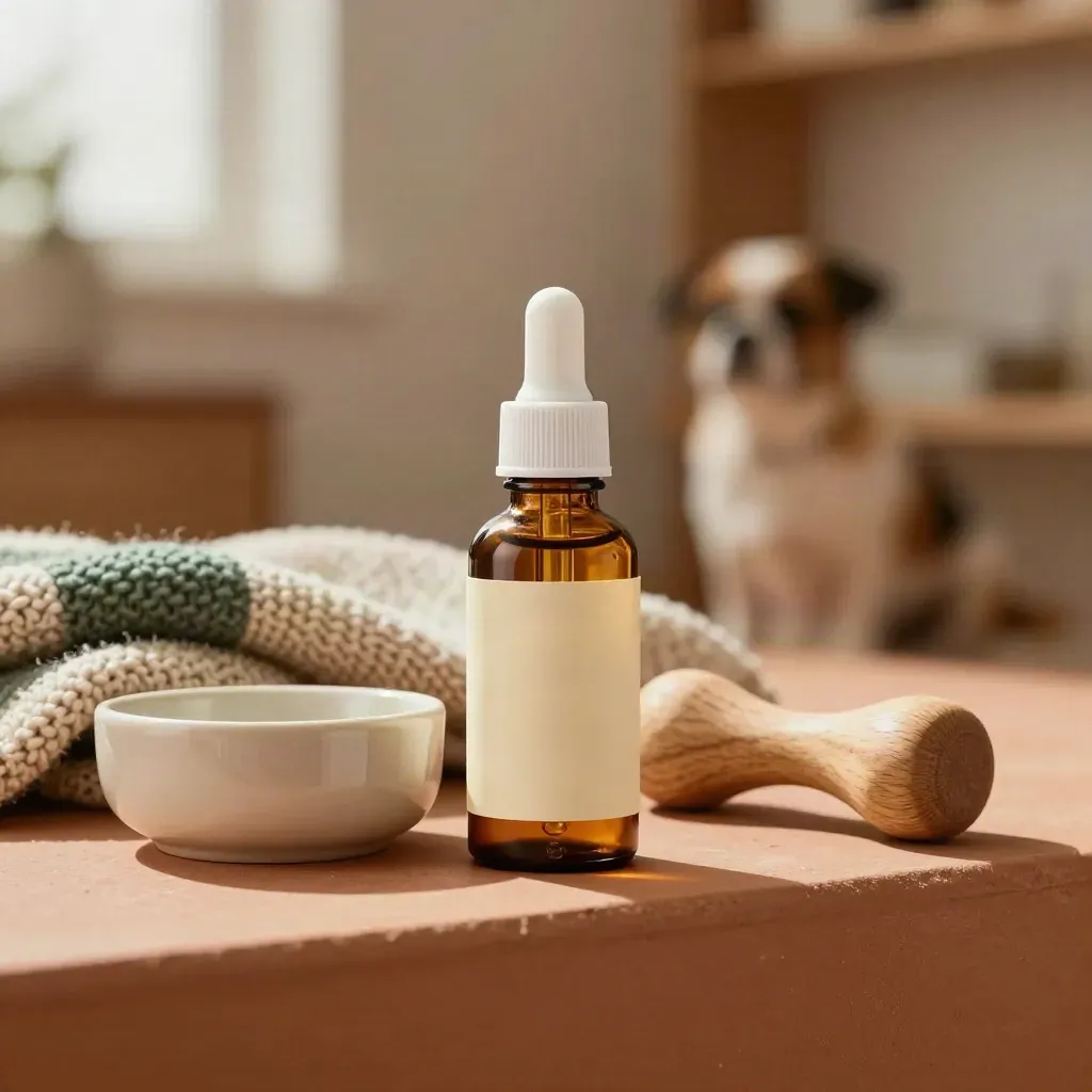 Amber pet CBD oil bottle with dropper, ceramic bowl, knit blanket and chew on terracotta clay.