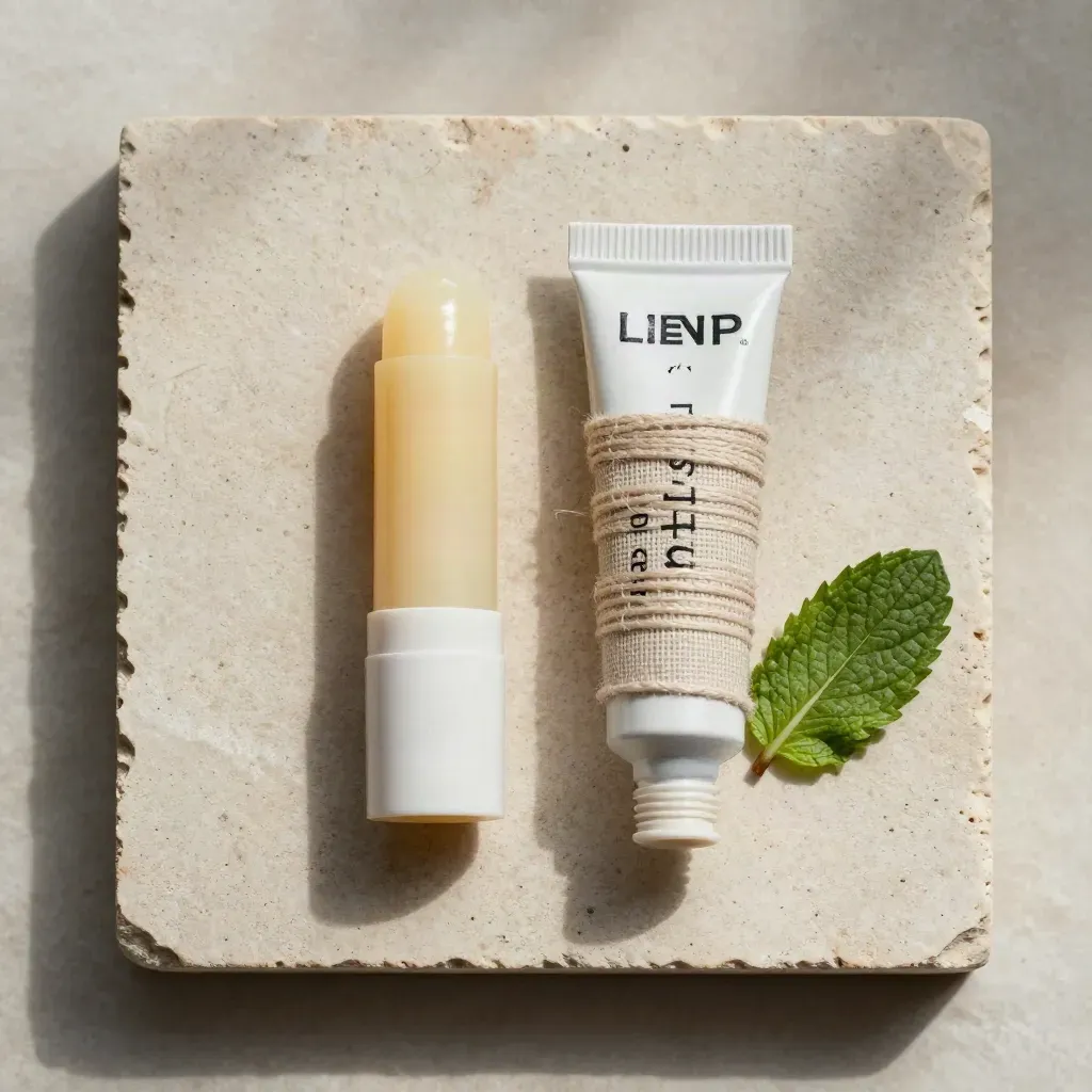 Overhead flatlay of unbranded hemp lip balm duo with mint leaf and linen thread on pale stone.