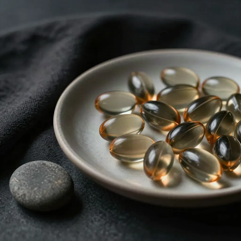 Charcoal softgels in a shallow ceramic dish beside folded cloth and a stone pebble.