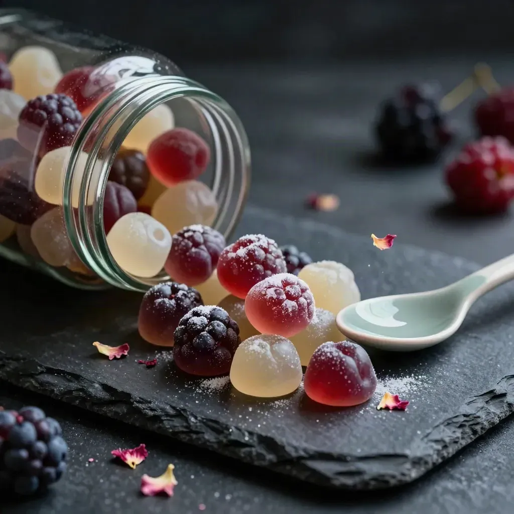 Berry gummies spilling from an open jar on dark slate with a sage spoon and berry petals