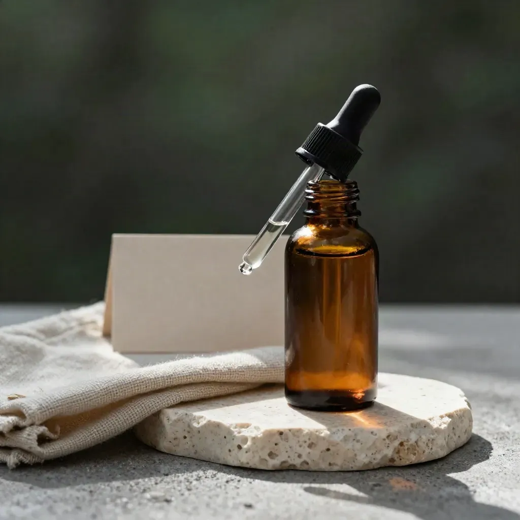 Amber CBD drops bottle with clear dropper on stone plinth and folded cloth in moody studio light.
