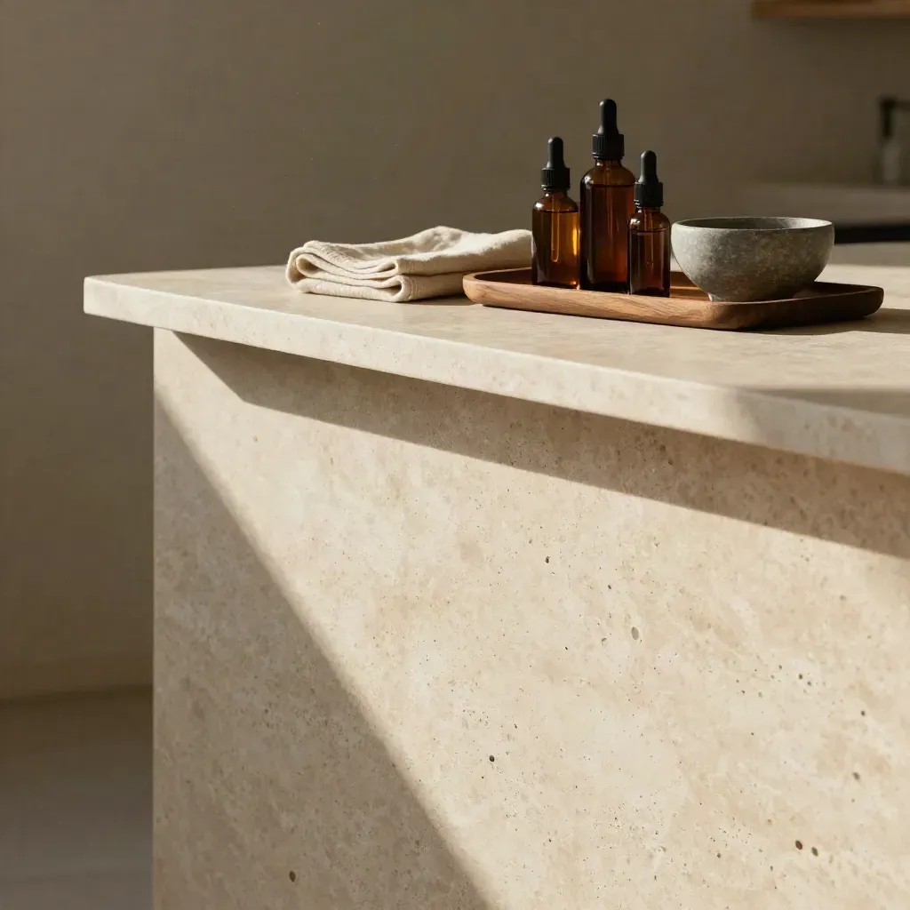 Amber CBD oil bottles and a stone bowl on a travertine counter in soft morning light.