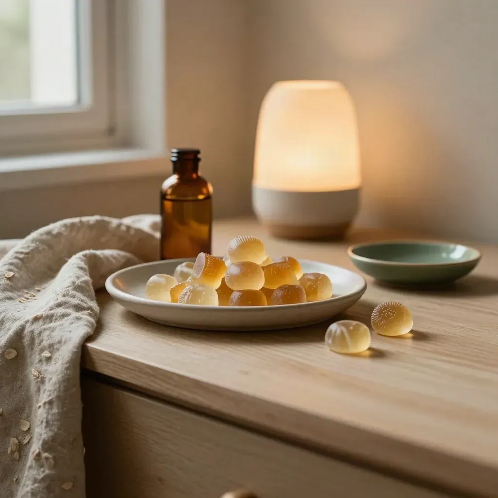 Bedside vignette with sleep gummies, ceramic lamp, linen, and warm evening light.
