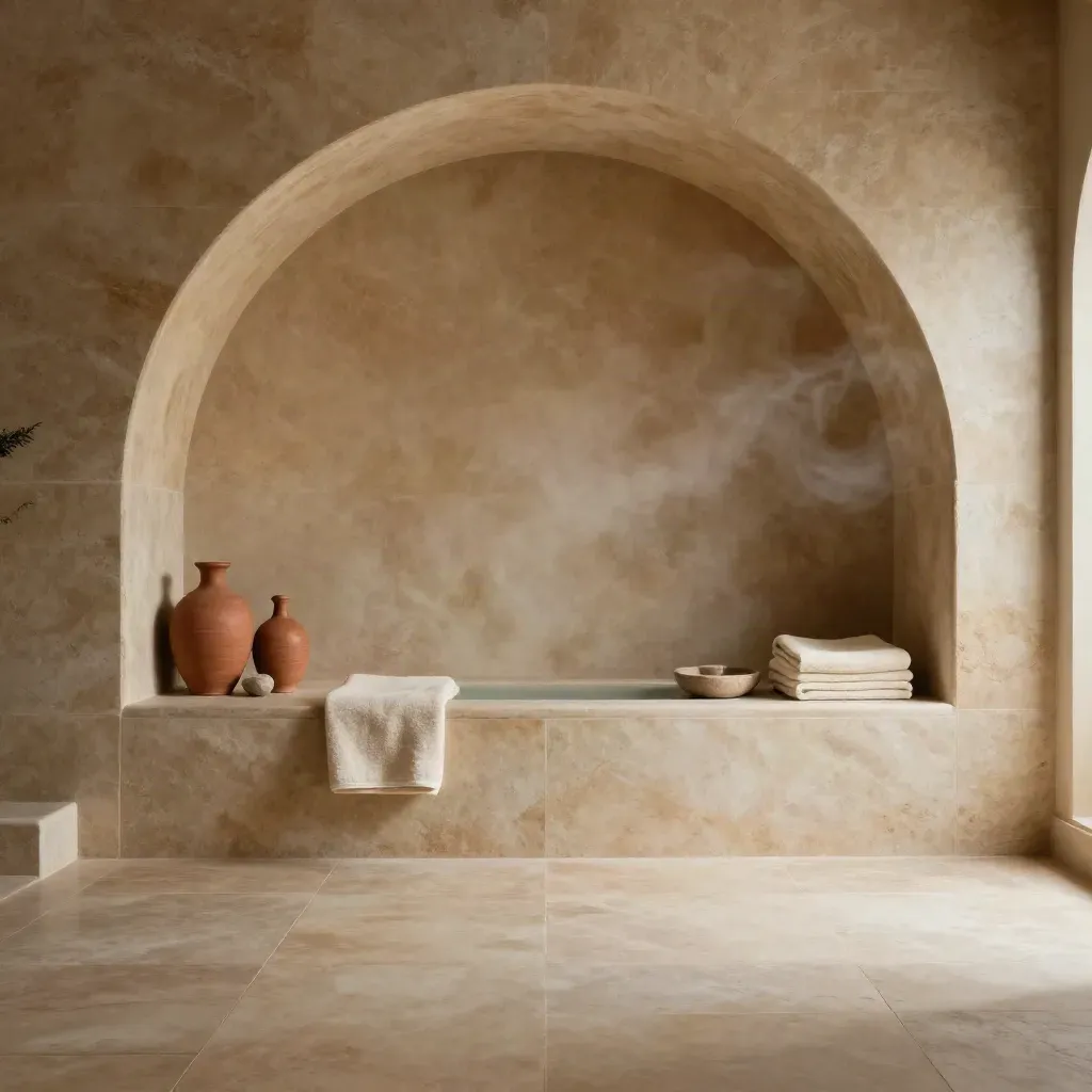 Stone alcove with towels and unbranded bottles, calm copy space, sunlit spa-like interior.