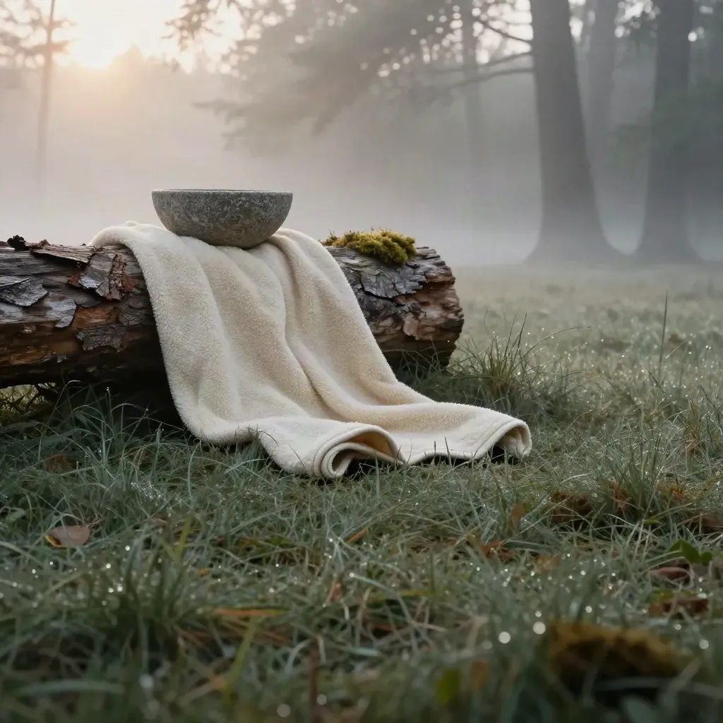 Woodland clearing with log, stone bowl, and pet blanket in morning fog