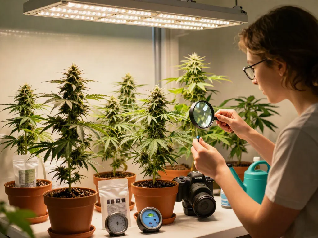 Feminised cannabis seeds flourishing in indoor grow space with grower inspecting plants.