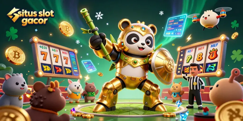 Menggunakan situs slot gacor, panda emas di robot mengukir kemenangan dalam grafik slot berkilau.
