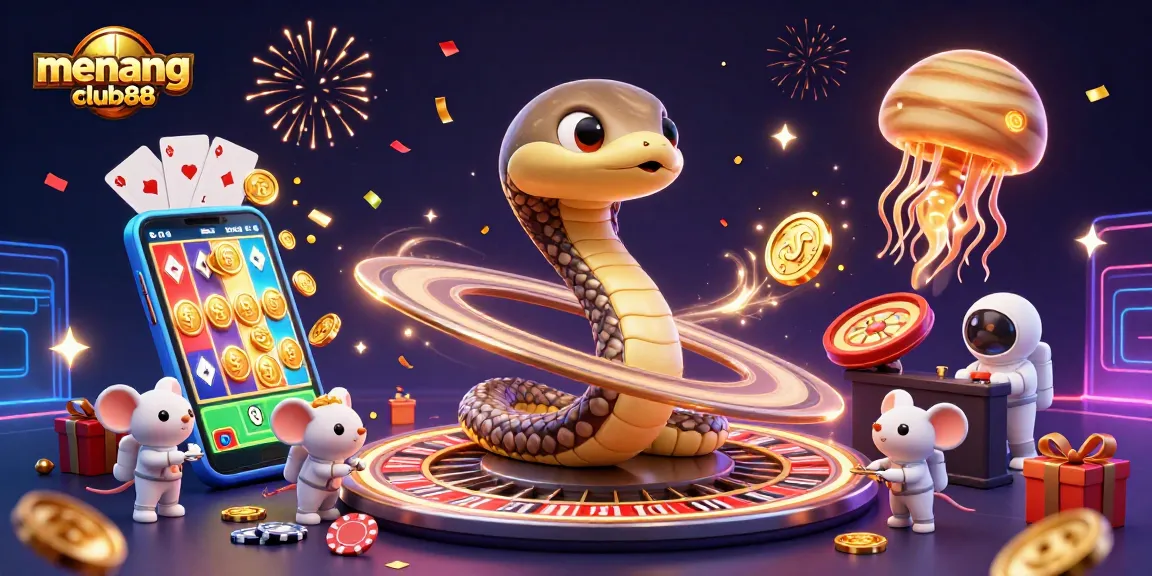 Experience the thrill of winning with menangclub88 as astronauts bet on a snake roulette in a cosmic casino scene.
