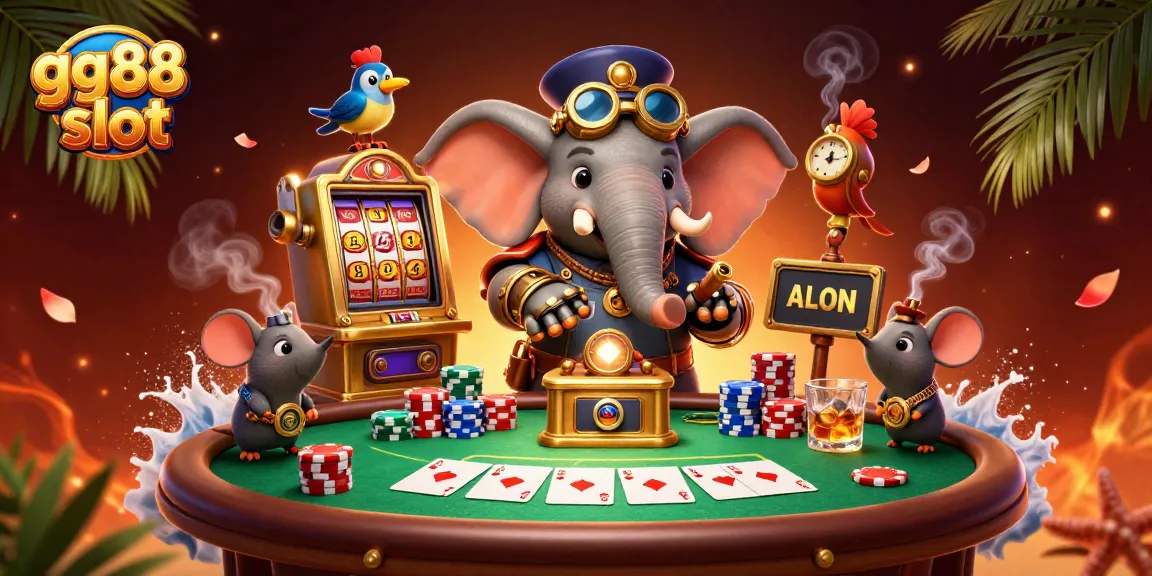 Spin the gg88 slot machine with a steampunk elephant, creating colorful wins in an exciting casino scene.