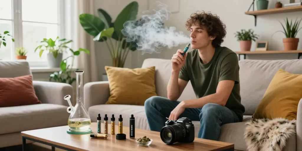 Person enjoying thc vape pens online in a stylish living room with cannabis accessories.