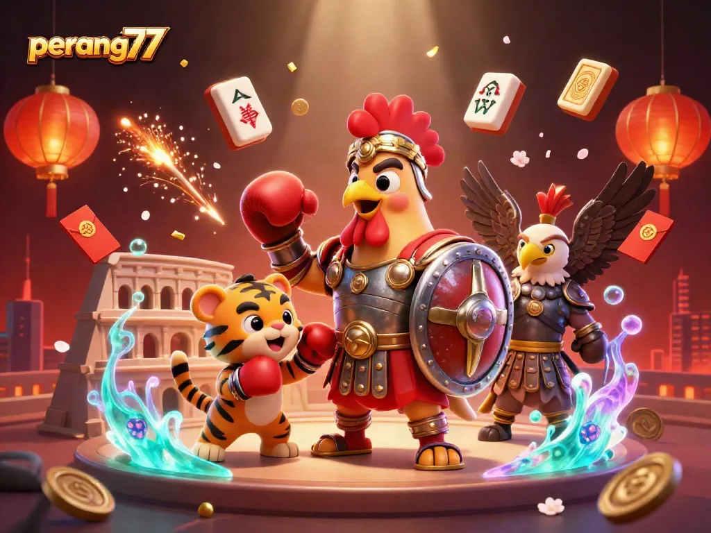 Permainan perang77 yang dinamis dengan ayam jantan sebagai gladiator dan teman bertinju, dikelilingi elemen perjudian.