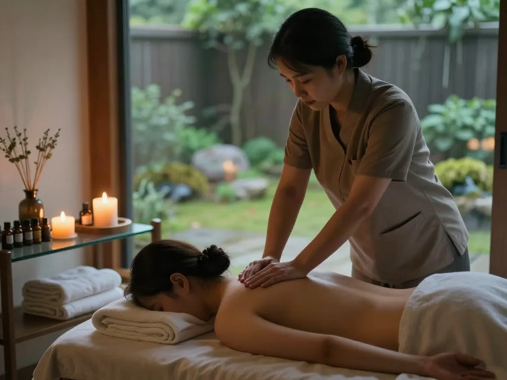 Experience the soothing 천호동출장마사지 in a calming home environment with essential oils and serene lighting.