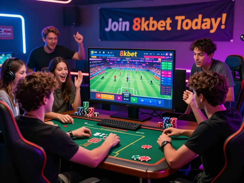 Friends engaging in an exciting online gaming session on the 8kbet platform with colorful decorations and gaming paraphernalia.