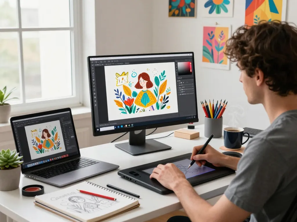 Digital artist using nano banana AI image editor with vibrant artwork in modern workspace.