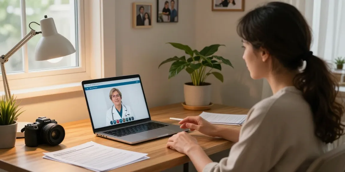 Ohio MMJ Card online consultation scene with a doctor, cozy home office, patient engaged in telehealth video call.