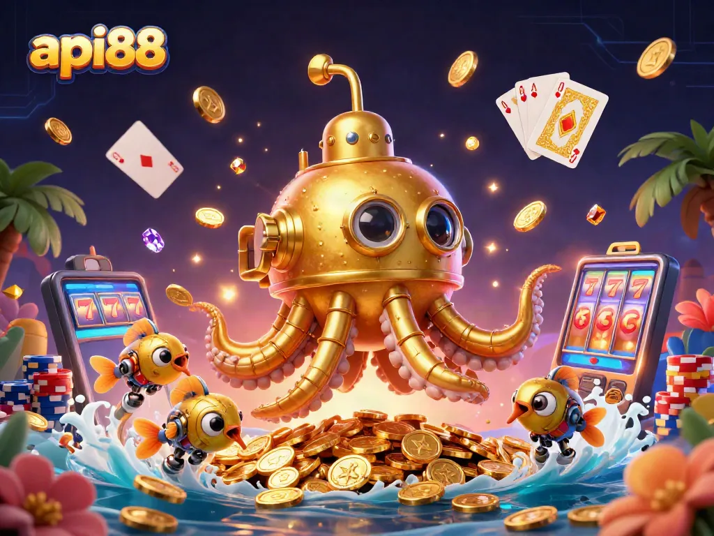 Engage in thrilling gameplay with api88 as the kraken submarine surfaces amid cascading coins and gambling elements.