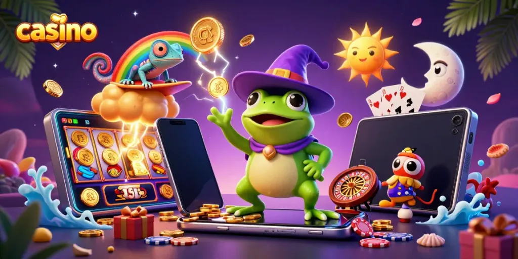 Crossover of casino fun with a weather wizard frog and rainbow chameleon creating joy in a gold coin storm.