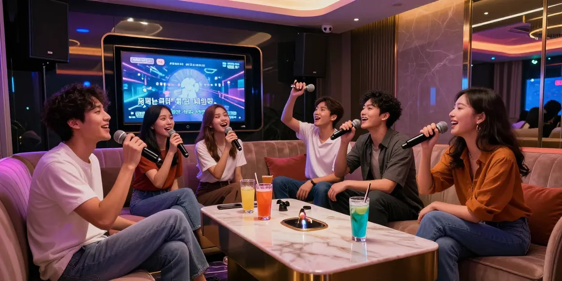 Group enjoying 강남 가라오케 nightlife in a luxurious private karaoke room.