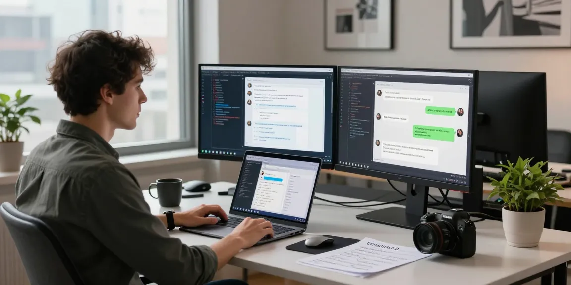 KoboldAI user engaging in intelligent chat on dual monitors in a modern workspace.