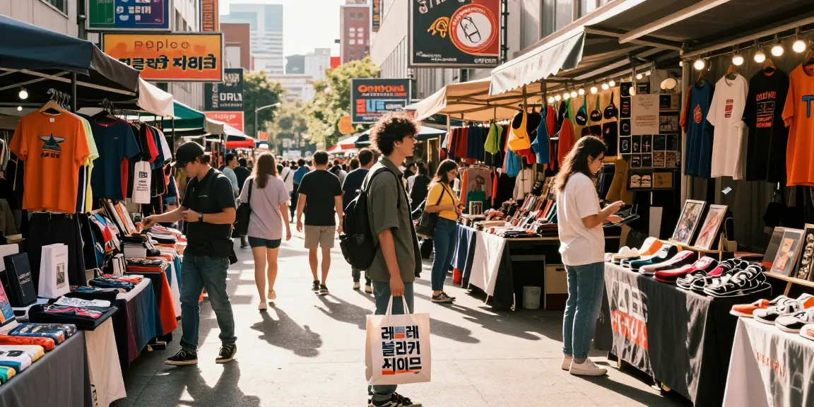 Shopping in a vibrant marketplace featuring 다양한 레플리카 사이트 products and stylish streetwear.