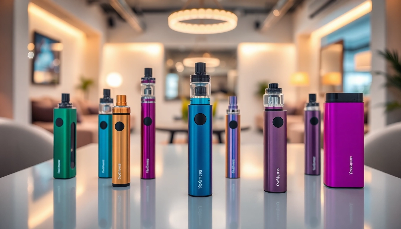 Showcasing various stylish disposable vapes on a sleek tabletop in a modern setting.