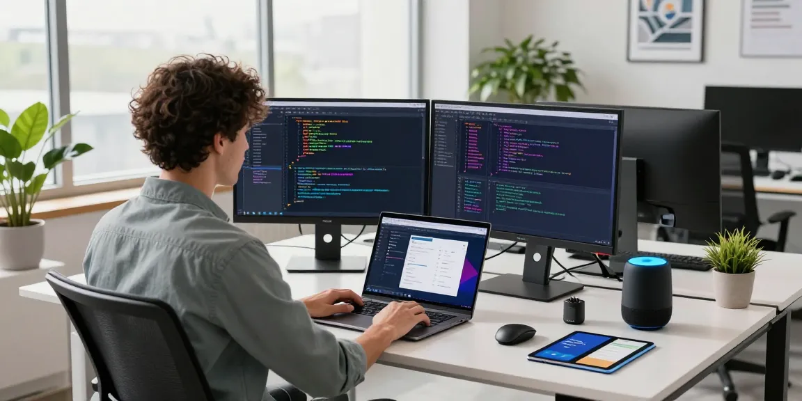 Dynamic software development workspace featuring raja 328 coding setup with modern tech elements.
