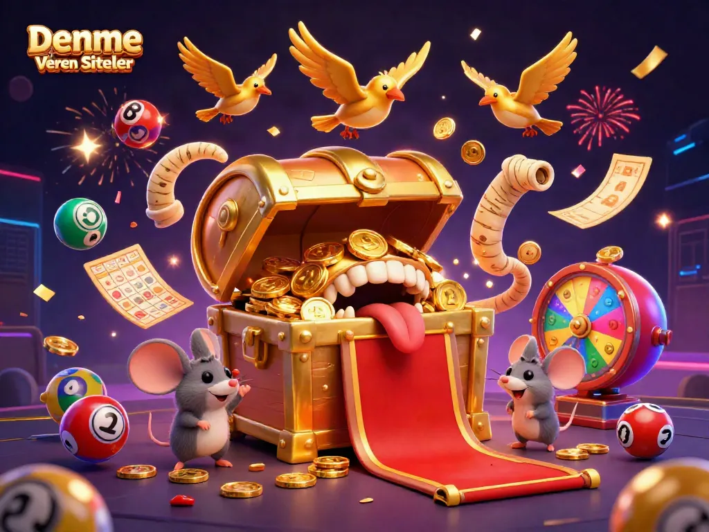 Engage with Deneme Bonusu Veren Siteler featuring a dynamic scene with a treasure chest, lucky mice, and colorful lottery elements.