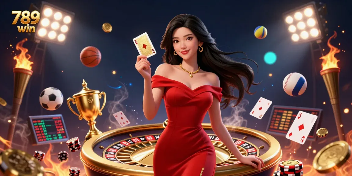 Experience the excitement of 789 win with a beautiful woman beside a glowing roulette wheel and flying sports elements.
