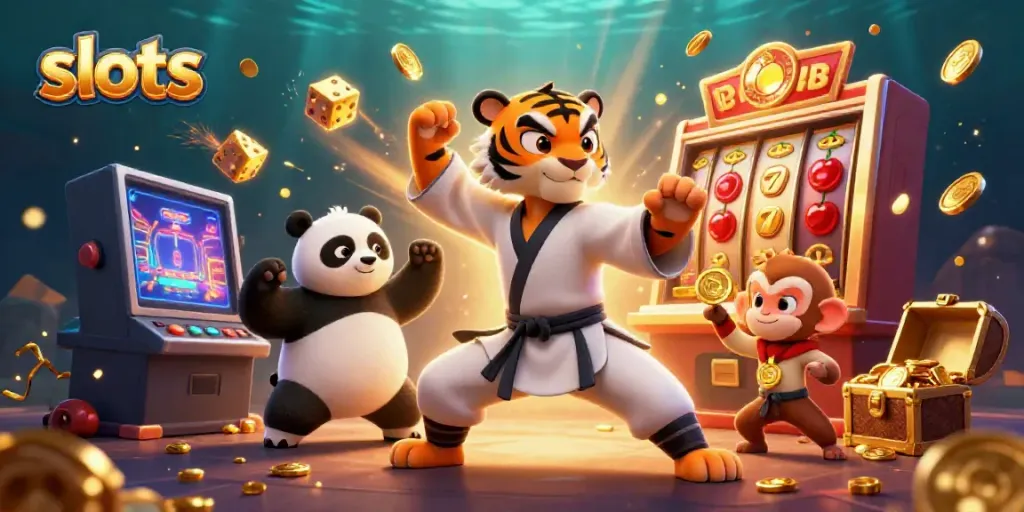 Play thrilling slots with cartoon characters amid jackpot chaos and vibrant casino scenes.