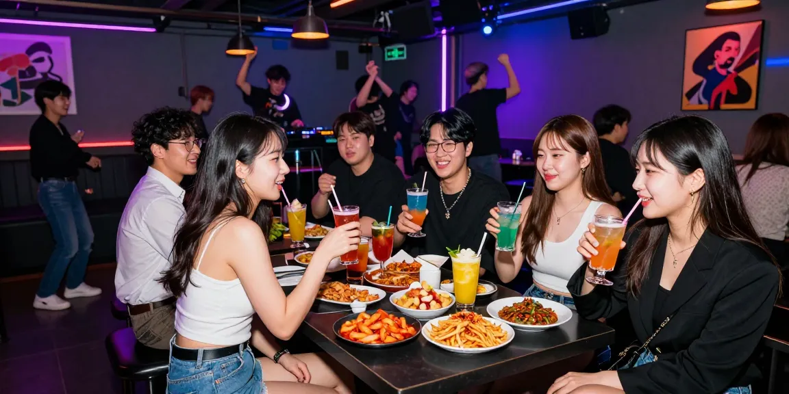 상봉동 한국관나이트 vibrant nightlife culture with friends enjoying cocktails and snacks in a lively club setting.