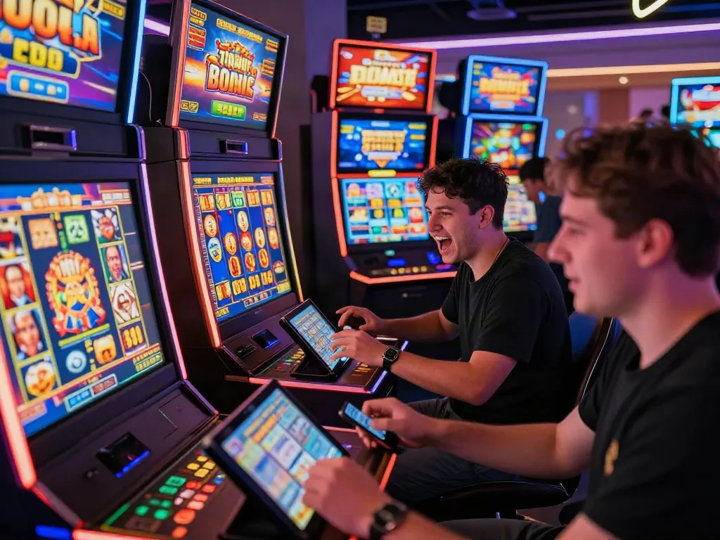 Players enjoying engaging slot games on modern devices with vibrant graphics and promotional banners.