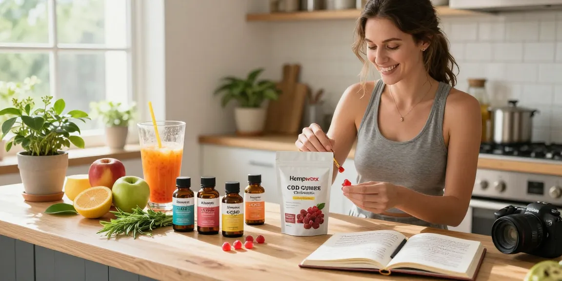 Hempworx CBD Gummies showcased in a sunny kitchen wellness routine, accompanied by fresh fruits, promoting natural health.