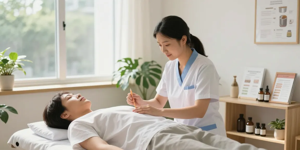 Healing acupuncture session at 수원한의원 with calming ambiance and professional care.
