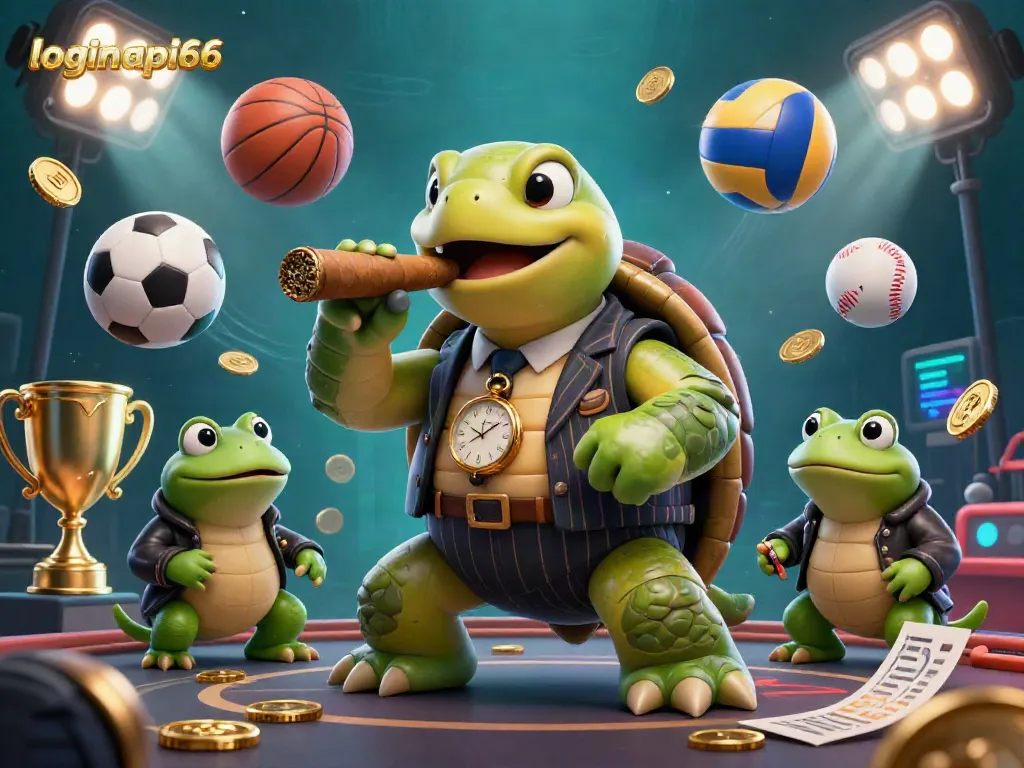 Experience immersive casino thrills with loginapi66 in this vibrant 3D illustration featuring a pinstripe turtle and bullfrog enforcers.