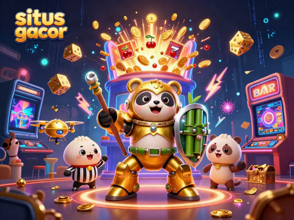 Slot gacor menunjukkan jackpot dengan panda dan robot berperang.