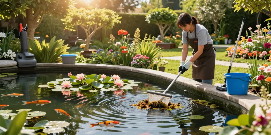 Pond Clean Surrey service demonstrating professional pond cleaning with a technician removing algae in a serene garden setting.